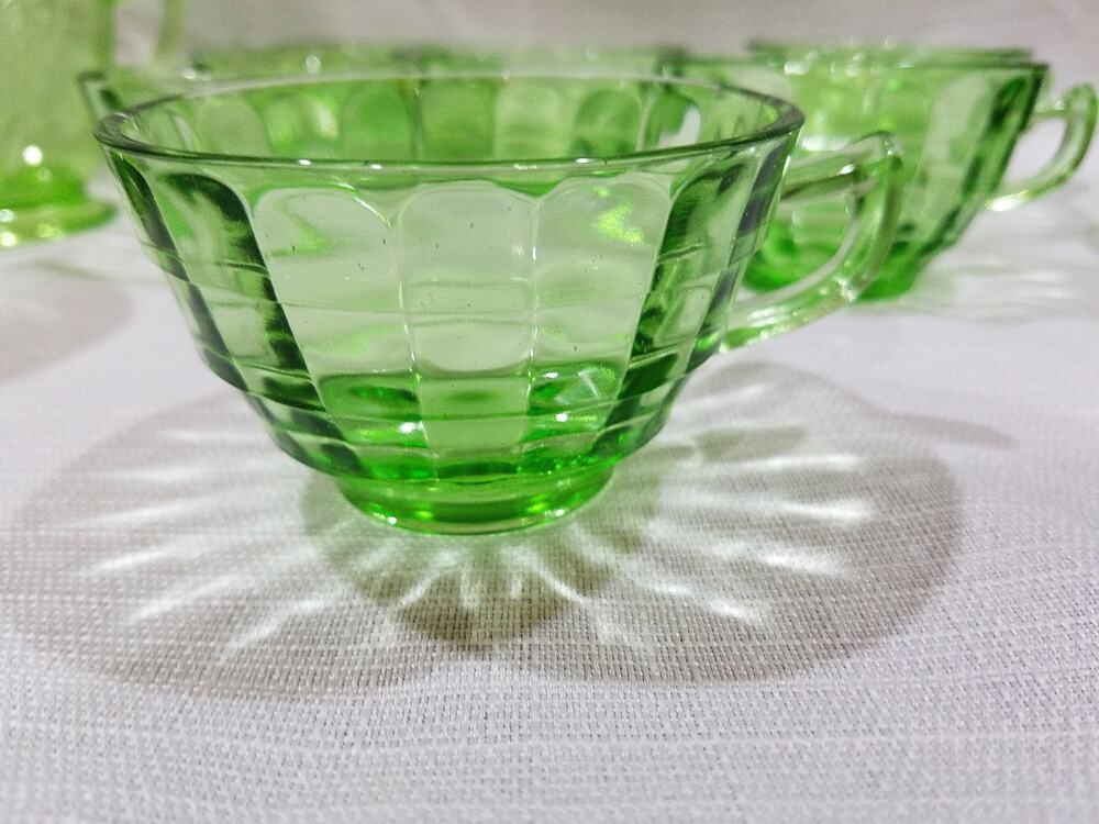 Vintage Anchor Hocking Block Optic Green Depression Glass Cups/ Saucers Set of 6